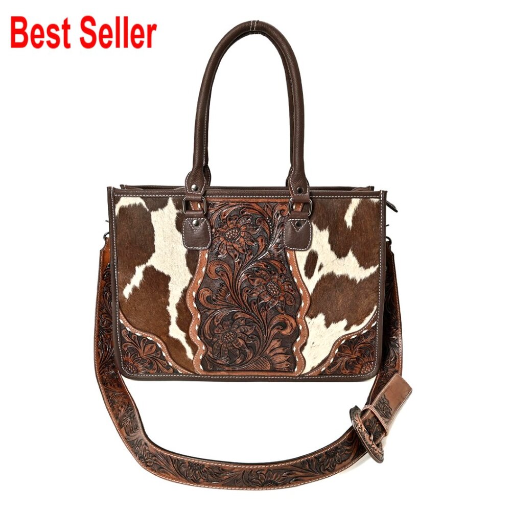 Vegetable Tanned Leather Hair-On Hide Hand-Tooled Tote Bag Adjustable Strap